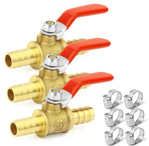 GASHER 3PCS 8mm Inch Heavy-Duty Brass Barb Ball Valve with 6PCS Clamps 90 Degree Operating Handle