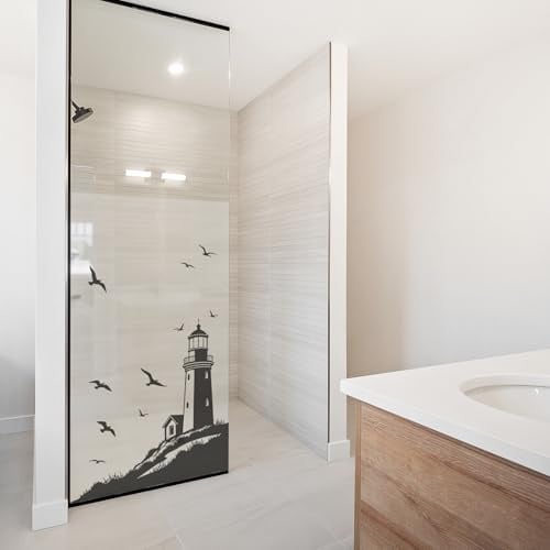 yabaduu Sichtschutzfolie für Duschkabine Duschglastüre Fensterfolie Blickdicht Milchglasfolie wasserfest Deko Klebefolie Badezimmer Dusche selbstklebend YX001 (08 Leuchtturm Schwarz, 80 x 120cm)