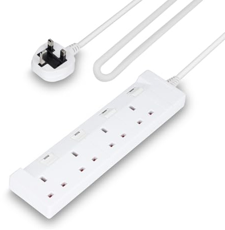 GEEPAS 4 Gang Extension Lead, 5M Cable | 4-Way Plug Extension Cable | 4 Socket Desk Power Strip with Individual Switches for Home Office | Heavy Duty UK Plug | White