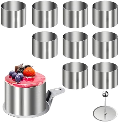 Shwdsy 10 Pièces Emporte Piece Rond, 8 cm Cercle Patisserie, Acier Inoxydable Cercle à Patisserie, Patisserie Cercle Argenté avec Base et Élévateur pour Les Gâteaux, Mousses et Desserts DIY