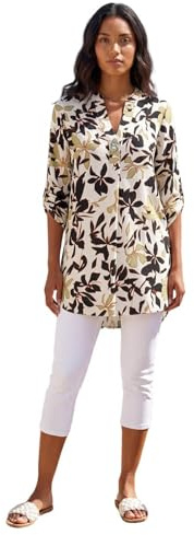 Roman Originals Shirt for Women UK Ladies Longline Top Collarless Blouse Smart Tunic Casual Evening Relaxed Fit 3/4 Length Sleeve Notch V Neck Long - Ivory Floral - Size 16