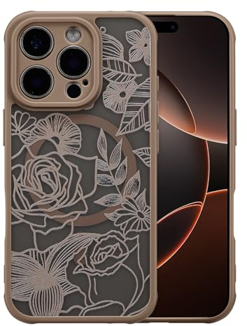 XIZYO Magnetic Rose Flower Case for iPhone 16 Pro 6.3 Inch, Brown | Compatible with MagSafe, Cute Aesthetic Rose Floral Pattern, Translucent Frosted Touch, Girly Design, Shockproof Anti-Yellow