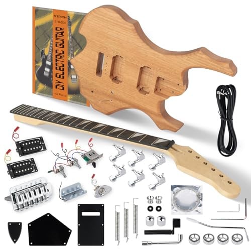 STRICH DIY E-Gitarre Kit, Fire-Style Mahagonikorpus & Ahornhals mit HH-Tonabnehmern, einfach zu montierendes Kit mit allen Teilen - bauen Sie Ihre eigene E-Gitarre SFR-D30