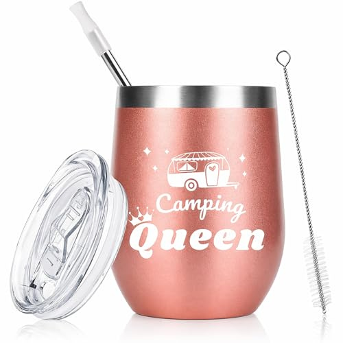 Camping Tasse Edelstahl, Camping Zubehör Queen Thermobecher mit Deckel, Strohhalm, Camping Geschenke für Camper Frauen, Lustige Becher, Outdoor Reisen, Camper Geschenke Geburtstag 12oz