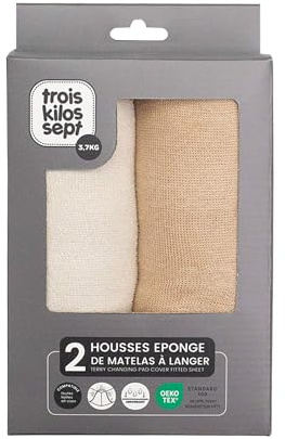 Trois Kilos Sept - Lot 2 Housses de Matelas à Langer Bébé - Eponge Absorbante - Universelles - Beige Sable et Caramel - 70x50cm