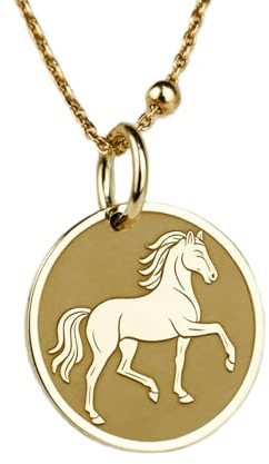 WORLD WIDE GEMS Collier pendentif pièce gravée du signe du zodiaque chinois Cheval, 24 mm, avec chaîne câble de 45 cm | Argent sterling plaqué or | Bijou unisexe | WW_PNDN_0293