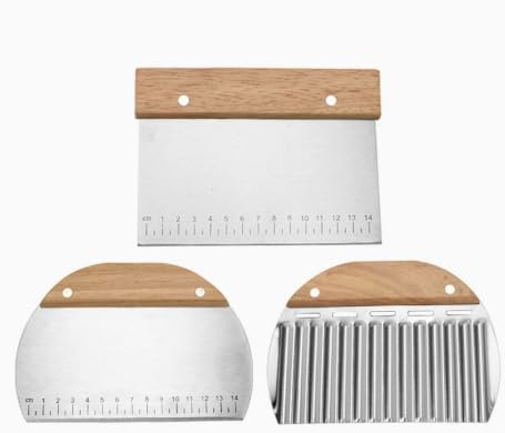 TUZHE Teigschaber Edelstahl Set – 3 Stück Teigkarte mit Messskala & Holzgriff, Teigschneider für Brot und Pizza