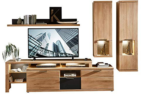 Stella Trading Bianco Wohnwand Komplett-Set teil-massiv aus Wildeiche - Moderne Schrankwand für Ihr Wohnzimmer - 285 x 190 x 48 cm (B/H/T)