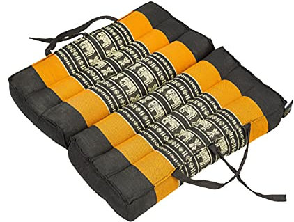 Klappkissen Sitzkissen mit Kapok-Füllung, faltbar, 40x40cm. Mit praktischen Trageschlaufen. Kälteisolierend und leicht. Thai Design (Orange mit Elefanten)