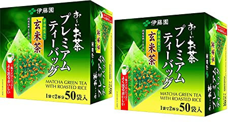 Itoen O～i Ocha Premium Matcha Green Tea with Roasted Rice, Thé Vert Japonais Genmaicha au Matcha Uji et Riz Grillé, Sachets de Thé 1.8g, Pack de 2 Boites (Total 100 Sachets), Fabriqué au Japon
