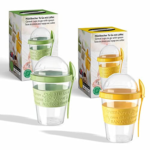 MXELDN 2er Set Müslibecher To Go Joghurtbehälter Obstbehälter Salatbecher Reisebecher Lunchbox BPA Frei (Grün + Gelb Becher)