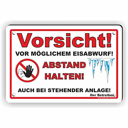Fassbender-Druck SCHILDER - VORSICHT EISABWURF Schild mit Bohrlöchern - vorgebohrtes Schild zum Markieren einer Gefahrenzone Privatweg/Begehen & Befahren auf eig. Gefahr (30x20cm Schild)