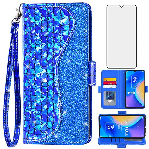 Asuwish Phone Case for TCL 20 SE 6.82 Wallet Cover with Screen Protector and Wrist Strap Flip Credit Card Holder Bling Glitter Stand Cell TCL20SE Android 11 TLC 20SE T6710 6.82 Women Girls Blue