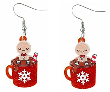 ZLING Süße Schneeflockentasse Lebkuchenmann Weihnachtsohrringe Für Frauen Lustige Weihnachtskarikaturkekse Tropfenohrringe Party