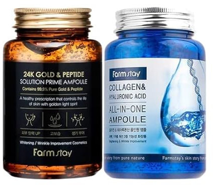 [Farmstay] 24K Gold Prime Ampoule + Collagen Hyaluronic Ampoule (Meilleur kit d'ampoules Or 24 K Peptide Solution Prime Ampoule + Collagène Hyaluronic Acid Ampoule tout-en-un) 250 ml + 250 ml
