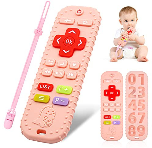 Baby Beißspielzeug, Fernbedienung Beißring, Silikon Zahnungshilfe Baby BPA-frei, Zahnen Nursing Zubehör für 3+ Monate Babe (Rosa)