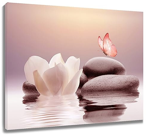 EOBTAIN Zen Seerose Leinwand Wandkunst Weiß Blumen und Rosa Schmetterling auf Stein Schlafzimmer Wanddekoration Moderne Spirituelle Yoga Spa Malerei Bild Kunstwerk Badezimmer Dekor 50,8 x 40,6 cm