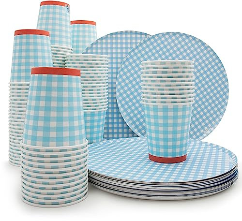 Wellsamed WELLSACUP 100 Stück Pappbecher 180 ml mit Teller, Blau Kariert, geeignet für Heiß- und Kaltgetränke, Coffee to go, Picknick, Grillen, Party