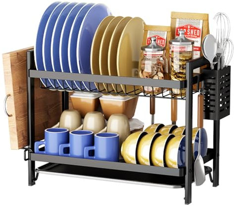 2 Tier Dish Drainer, Kitchen Rustproof Dish Drainer Rack with Drip Tray and Utensils Holder, Stainless Steel Dish Drying Rack Sink Draining Board for Kitchen Countertop Space-Saving Dish Rack
