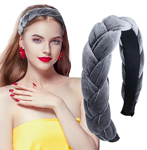 BETESSIN Samt Haarreif Dirndl Geflochten Stirnband Breit Haarband Vintage Gepolsterte Haarreifen Trachten Haarschmuck Rockabilly Kopfband für Damen und Mädchen Grau