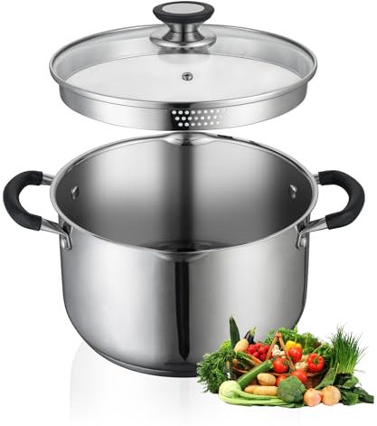 SLOTTET 6 Quart Stainless Steel Stock Pot with Strainer Glass Lid,6 Qt Multipurpose Stockpot with Pour Spout,Stay-cool silicone Handle.