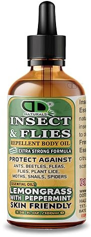 Insect Repellent with Lemongrass & Peppermint Essential Oil Repellent Against Ants, Beetles, Fleas, Flies, Plant Lice, Moths, Snails & Spiders for Body Oil Deet-Free (100ml Glass Dropper)