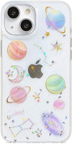 Efitoo for iPhone 15 Plus/14 Plus Case Space Theme Clear Glitter Stars and Moon Design Cute Bling Sparkly Silicone TPU Aesthetic Shockproof Protective Women Girl's Phone Cover (Planet)