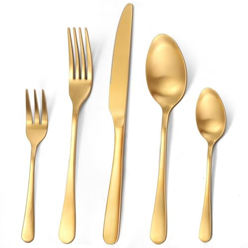 Targizer Besteck Set 6 Personen, 30 teilig Edelstahl Gold Besteck Set Matt Essbesteck Set mit Messer Gabel Löffel, Hochwertiges Edelstahlbesteck, Spülmaschinenfest.(Matt Gold)