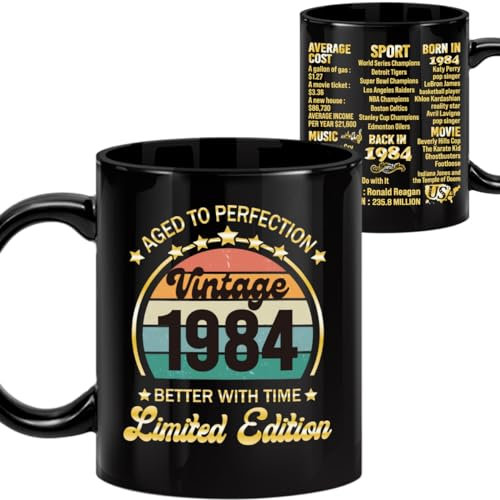 LEJIAJINW Divertidos regalos de cumpleaños número 40 para hombres y mujeres, decoraciones de feliz cumpleaños 40 para él, mujer, 40 años, vintage de 1985, información antigua, taza de cerámica para