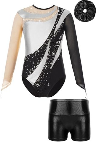 Alvivi Kinder Mädchen Gymnastikanzug Turnanzug Langarm Glitzer Gymnastikbody mit Kurze Hose Haarband Turntrikot Gymnastik Kleidung Tanzkostüm Silber&Schwarz 134-140