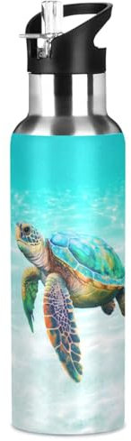 Sea Turtle Blue Teal Water Bottle Kids Insulated Boys Girls Stainless Steel Hot Cold Water Flask with Straw Lid for Sports Gym Running 20 oz