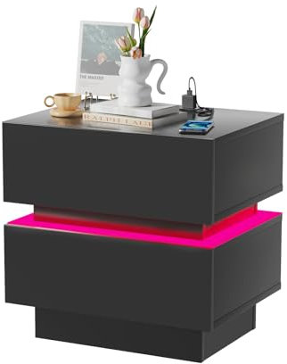 Lvhecforhm Comodino con Presa e Porta USB, Comodino con illuminazione LED Regolabile, Comodino Nero lucido Frontale, Moderno Intelligente Comodini Camera da Letto con 2 Cassetti, 45x35x47cm Comodino
