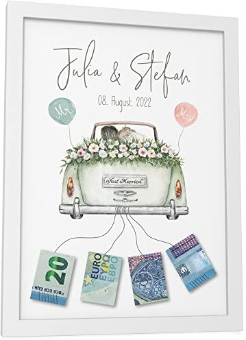 Papierschmiede® Personalisiertes Geldgeschenk Hochzeit mit Namen, Hochzeitsgeschenke für Brautpaar | A5 (15x21 cm) Poster mit Rahmen | Verpackung Geldgeschenke Geschenk Bild „Wedding Cabrio“