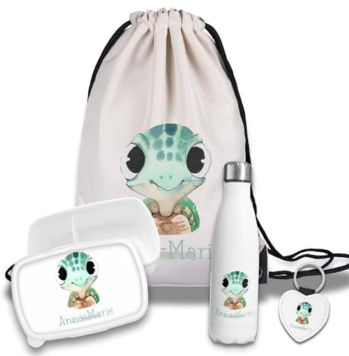 timalo Kinder Schulset Brotdose, Trinkflasche, Turnbeutel personalisiert mit Namen | Set Wasserflasche Edelstahl | Lunchbox mit Trennwand | Geschenk zur Einschulung & Kindergarten | 04- Schildkröte
