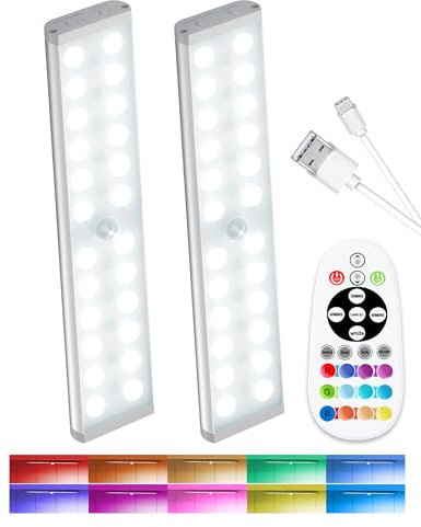 Kasanfe Under Cabinet Kitchen Lights 58-LED RGB Motion Sensor Lights Indoor Rechargeable, Battery Operated LED Night Lights Remote Under Counter Lighting Step Lights for Kitchen Shelf Pantry