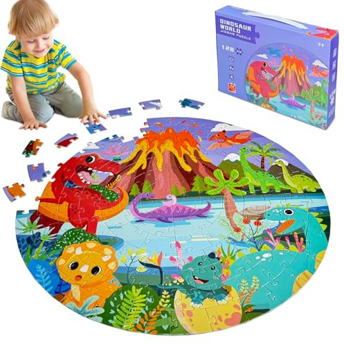 Kulveanju Kinder Puzzle ab 4 5 6 Jahre, 128 Teile Bodenpuzzle Dinosaurier Vulkan, Große kinderpuzzle Spielzeug Kreisförmig, Puzzle für Jungen und Mädchen 3-7 Jährige Geschenk, 42x42 cm