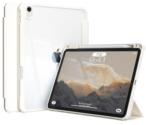 KVTVOU Hülle für iPad Air 11 Zoll 2025 M3 / 2024 M2, für iPad Air 5. / 4. Generation 2022/2020 10,9 Zoll, Transparente Hardcover Rückseite, Integrierte Stifthalter, Auto Wachen/Schlafen, Cremeweiß