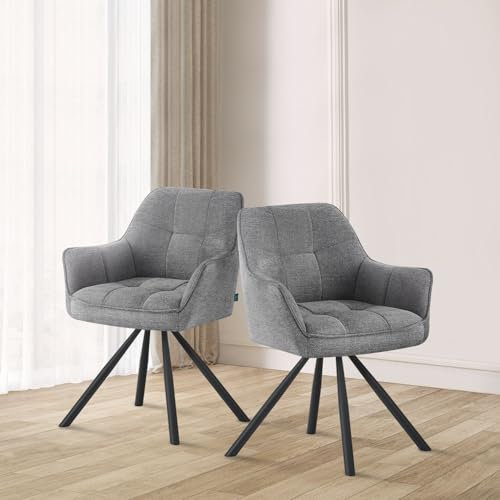 DUBI Möbel Esszimmerstuhl Thomas-Leni 2er Set | Armlehnenstuhl Polsterstuhl Federkernpolsterung drehbar für Küche, Wohnzimmer, Esszimmer Büro | modern Industrial Design | Grau