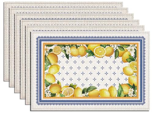 WADORN 6 Stück Blaue Und Gelbe Zitronen Tischsets. 45x30cm Tischsets Mit Zitronenrand Bedruckt Cyan Blaue Fliesen Sommer Tischsets Aus Polyester Waschbar Für Zitronenparty Picknickzubehör