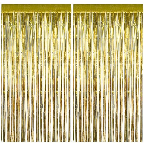 Luoqun88 2 PCS 3.2 x 6.5ft Glitter Gold Tinsel Curtain, Foil Fringe Curtain Backdrop Party Streamers Curtain Photo Backdrop Decorations for Birthday School Graduation Hen Girls Party Decorations -Gold