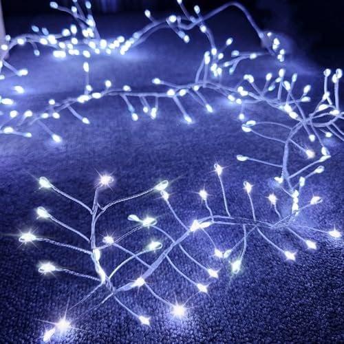 Fairy Lights Battery Operated, 80 LED Firecracker Fairy Lights Cluster Christmas Copper Wire String Lights Waterproof Twinkle Starry Decoration Light for DIY Wedding Party Bedroom Holiday (Cool White)