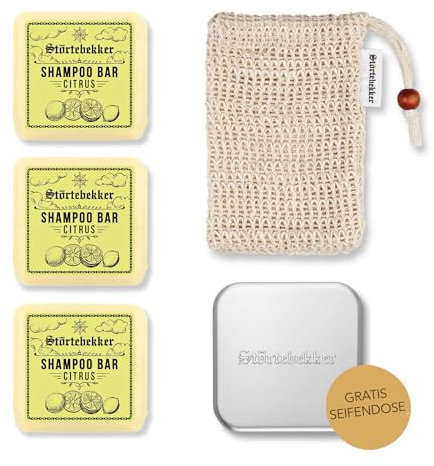 Störtebekker® Premium Duschset - Festes Shampoo Citrus (x3), Sisalsäckchen + GRATIS Seifendose Aluminium - Shampoo Bar Set für Haar, Gesicht & Körper - Handgefertigt in Seifenmanufaktur