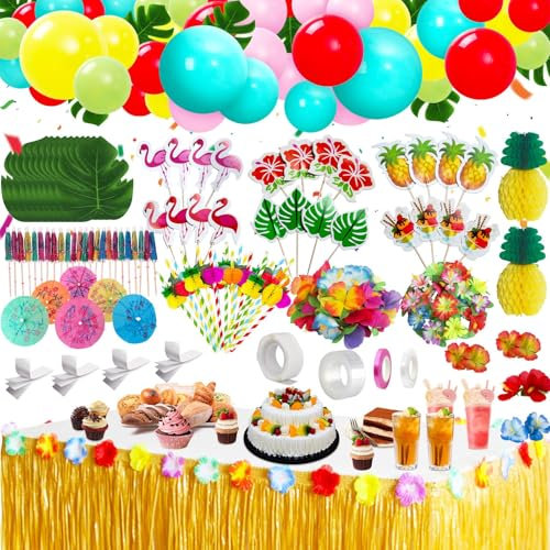 KIMIGO 175 Stück Hawaii Party Dekoration Set,Hawaii Luau Tischröcke,Hawaiian Party,Hawaii Deko,Banner,Blüten,Künstliche Palmenblätter,Kuchendeckel und Papier Strohhalme für BBQ Tropischen Garten