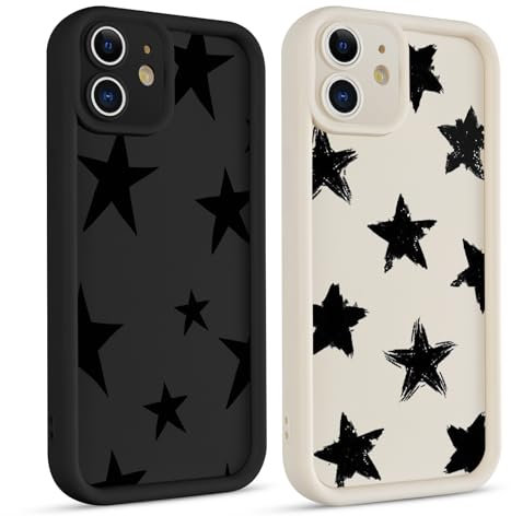 Coiwxmoi 2 Stück Handyhülle für iPhone 12 Mini Hülle, Aesthetic Sterne Star Muster Design Mädchen Frauen Schutzhülle, Silikon Cover Erhöhte Displayränder Y2K Case für iPhone 12 Mini 5,4, Schwarz