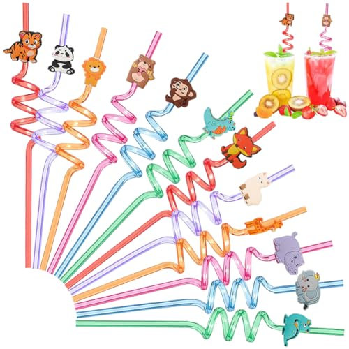 12 Stück Wiederverwendbare Strohhalme für Kinder, Tiere Strohhalme Kindergeburtstag, Party Trinkhalme, Bunte Lockige Strohhalmes, Partyzubehör für Party Dekoration, Geburtstag Feiern, Hochzeiten