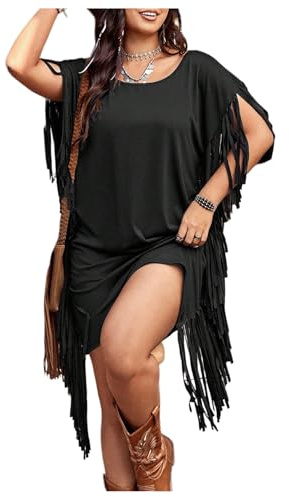 BEAUDRM Women's Plus Size Fringe Dress Boho Western T Shirt Dress Tassel Short Sleeve Scoop Neck Cowgirl Short Dresses Black Large Plus