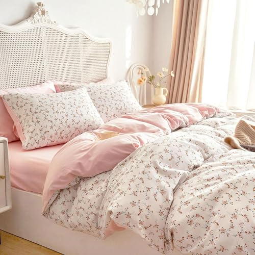 Lanqinglv Bettwäsche 220x240 Rosa Weiß Blätter Blumen Wendebettwäsche Set | ÖKO-TEX Zertifiziert,für Allergiker,Microfaser Aesthetic Pflanzen Bettbezug mit Reißverschluss und 2 Kissenbezug 80x80