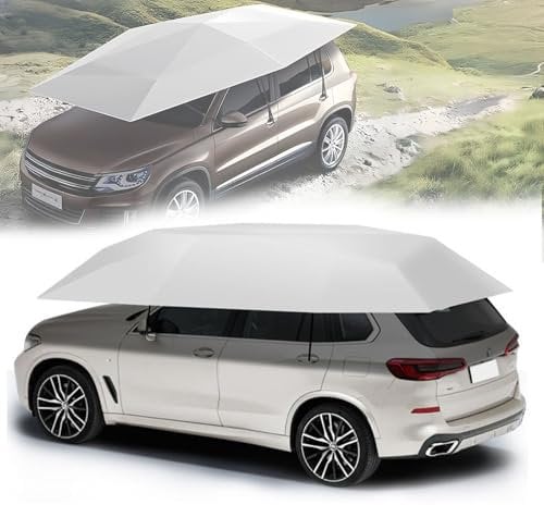 Glowdora Telo Copriauto da 4,8 M, Tenda Parasole, Posto Auto Coperto All'aperto, Telo Copriauto Antigrandine, Parasole per Auto, Ombrellone Pieghevole Semiautomatico, Telo Copriauto Portatile.,White