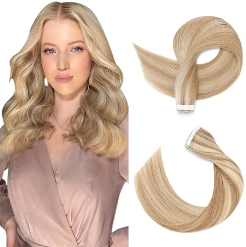 SEGOHAIR Invisible Tape Extensions Echthaar, 40cm Tape Klebe Unsichtbare Tape Extensions Echthaar 10 Stück Echthaar Extensions Tape Glatte Natürliche Haarverl?ngerungen –Goldbraun Mix Bleichblond