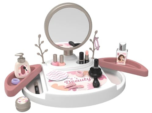 Smoby - My Beauty Studio – Frisur, Nagelkunst, Make-up, Attrappe – Abnehmbarer Spiegel – drehbare Schubladen – 15 Zubehörteile – Material recycelt – ab 3 Jahren